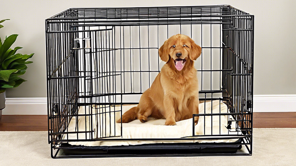 Create an image of a spacious 42-inch dog crate with a secure divider. The crate should feature a comfortable and stylish design, suitable for both small and large dogs. Surround it with a happy, well