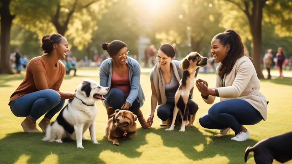Create a heartwarming scene of a diverse group of dog owners in a park, joyfully engaged in obedience training with their dogs. The image should show a variety of dog breeds sitting, staying, and perf