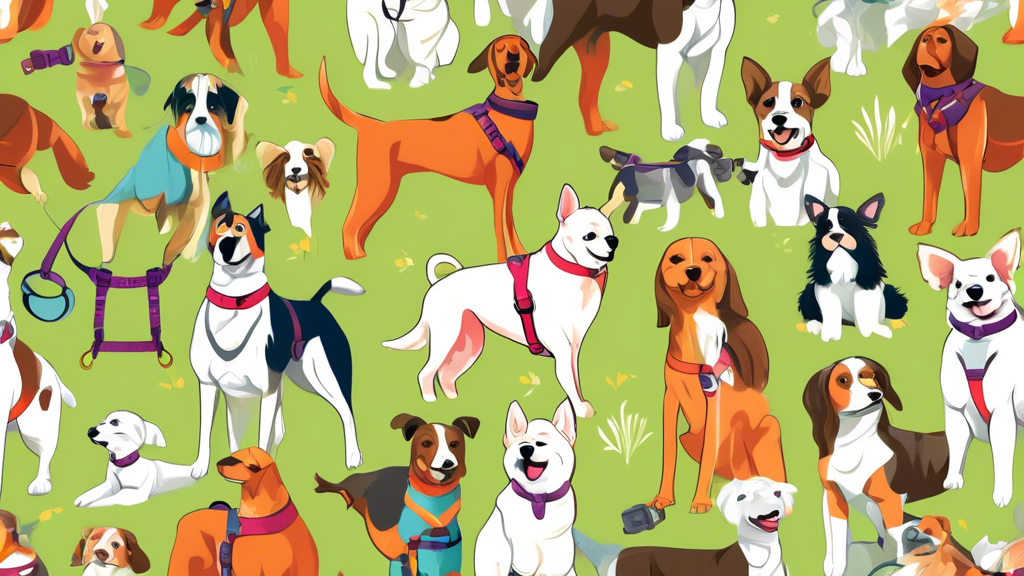 Create a detailed illustration of a variety of dog harnesses displayed on different dog breeds. Showcase a range of styles such as no-pull harnesses, step-in harnesses, and tactical harnesses in vario