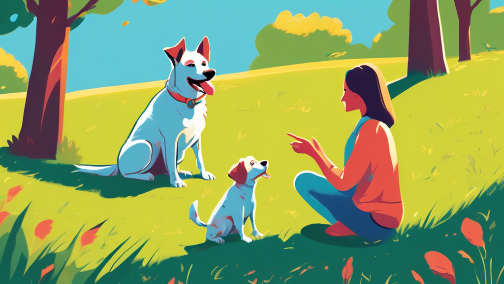 An illustration of a friendly dog sitting attentively on a grassy lawn, with a pet owner kneeling in front of it, holding a treat. The pet owner is giving a clear hand signal for 'sit'. Bright, cheerf