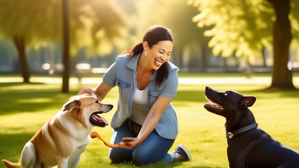 Create an image of a cheerful dog trainer in a sunny park, engaging a happy and attentive dog in a training session. The trainer uses friendly body language and positive reinforcement techniques, such