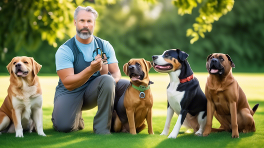 Create an image depicting a confident dog trainer in a serene outdoor setting, surrounded by a variety of well-behaved dogs of different breeds. The trainer is demonstrating a leadership stance, holdi