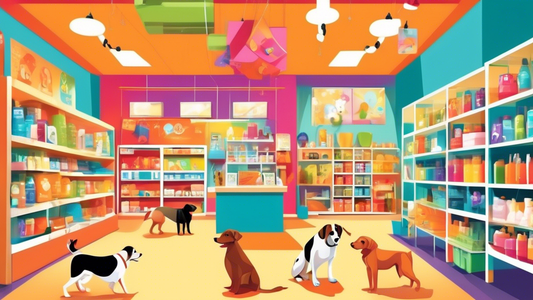 Create a vibrant and inviting scene of a pet store with a variety of happy dogs of different breeds. Include friendly staff assisting excited customers, dogs playing in a dedicated area, and well-orga