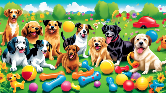 A vibrant scene featuring a variety of durable squeaky dog toys, including rubber bones, plush animals, and tough balls, in a playful setting with enthusiastic dogs of different breeds enjoying the to