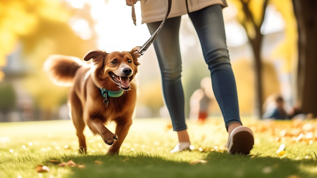 A happy dog wearing a chew proof leash, walking beside a smiling owner in a sunny park. The leash is visibly sturdy and durable, with highlights showing its strong, chew-resistant material. In the bac