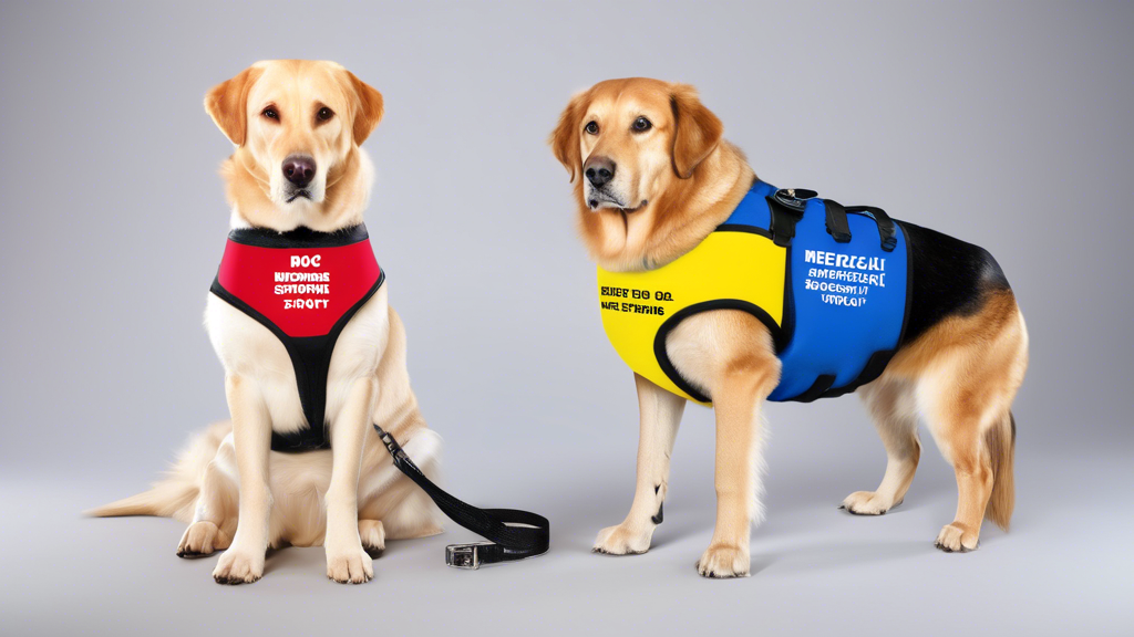 Create an image depicting a variety of service dog vests on different breeds of dogs, each vest clearly marked for specific functions such as 'Medical Alert', 'Guide Dog', 'Therapy Dog', and 'Emotiona