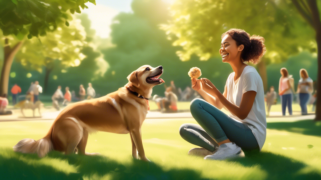 Create an image of a person and their dog in a sunny park, engaged in a training session that highlights mutual trust and positive reinforcement. The person is smiling and holding a treat, while the d