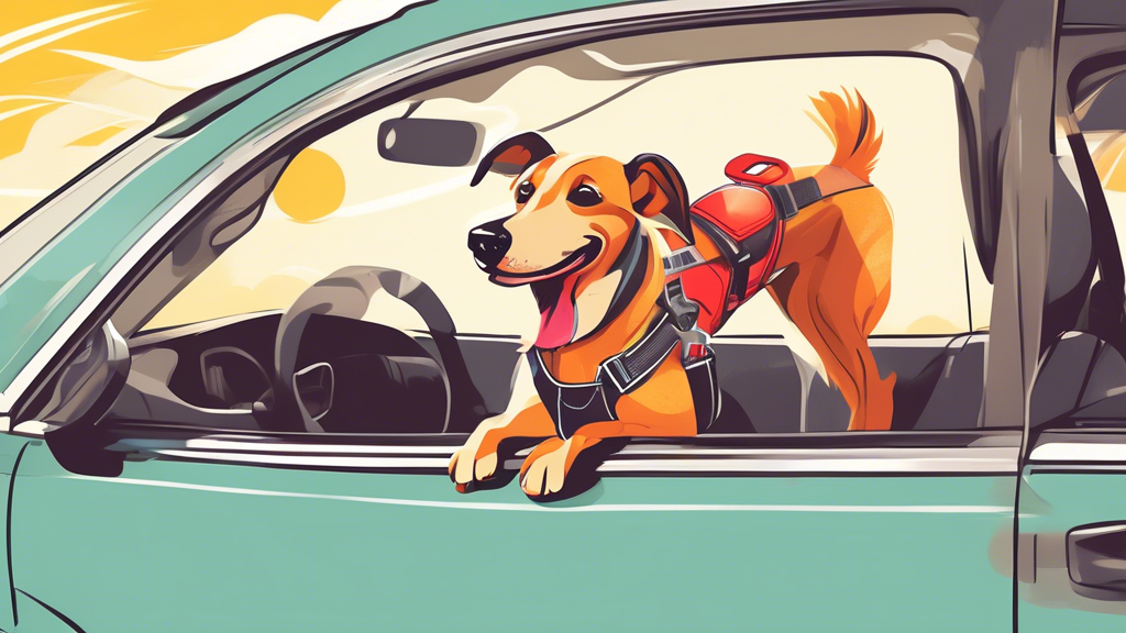 Create an image of a happy dog securely wearing an EzyDog car harness in the backseat of a car. The interior should look comfortable with soft seats and the dog's harness should be visibly attached to