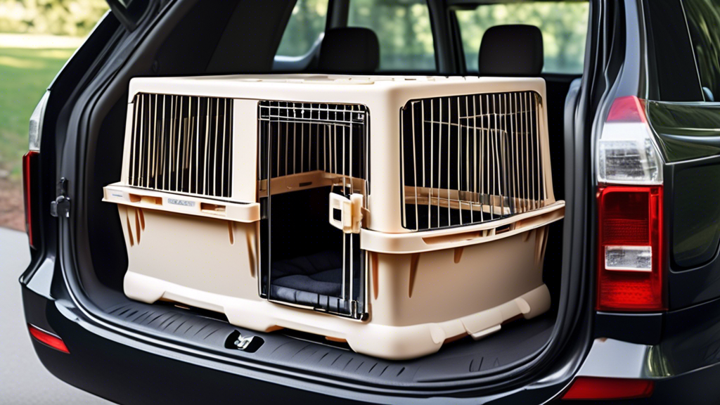 Create a detailed and realistic image of a modern, high-tech dog crate, designed specifically for car travel. Show the crate securely positioned in the back of a vehicle, highlighting its durable cons