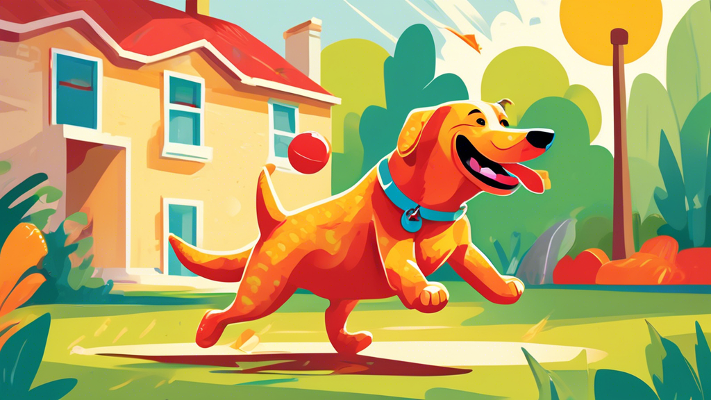 Create an image of a happy dog playing energetically with a KONG alligator-shaped dog toy in a sunny backyard. The toy should appear durable and engaging, showcasing its vibrant colors and tough textu