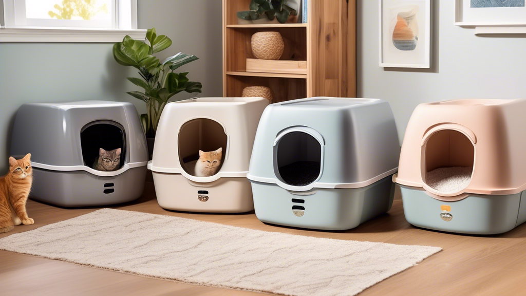 Create an image of a cozy, modern interior space with different styles of PetSafe automatic litter boxes placed in various spots. Each litter box should show features like self-cleaning mechanisms, od