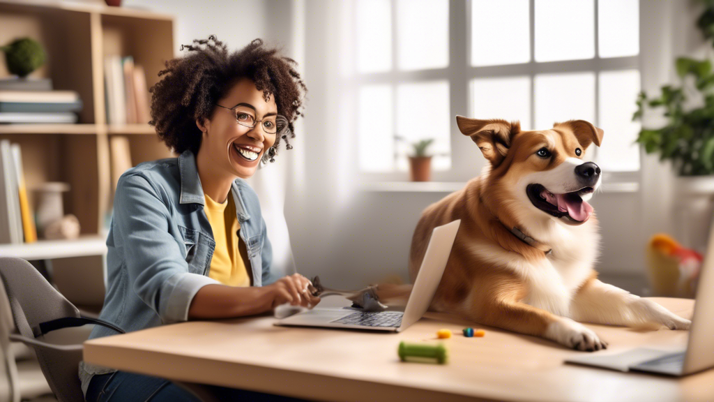 Create an image that depicts a cheerful dog owner sitting at a desk with a laptop, engaged in a virtual dog training session. The owner follows along with a professional dog trainer displayed on the l