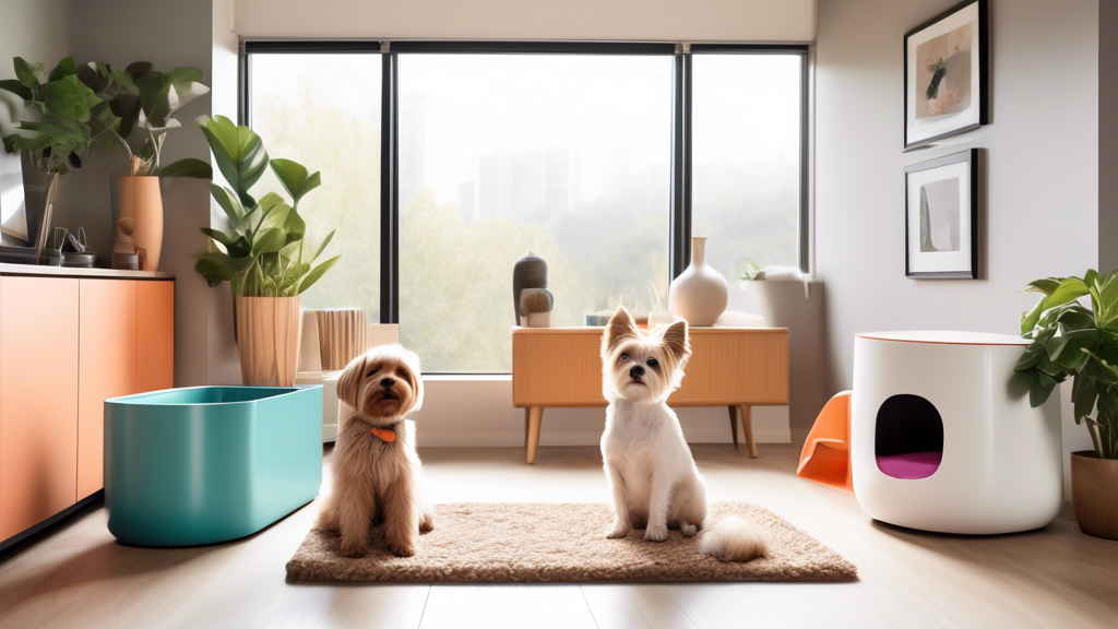 A cozy indoor scene featuring a variety of stylish and functional litter boxes specifically designed for small dogs. Show different shapes, sizes, and materials, highlighting easy accessibility and co