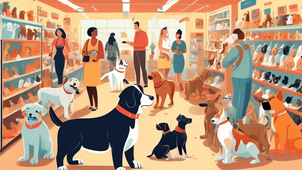 A detailed, vibrant illustration of a variety of dog breeds wearing different styles of muzzles. The scene is set in a brightly lit, friendly pet supply store, with an expert salesperson explaining th