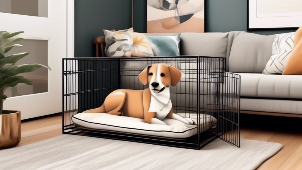 Create an image of a stylish living room featuring a modern, collapsible dog crate that is neatly folded and stored in a compact space. Show a happy dog lying on a cozy dog bed next to the neatly stor