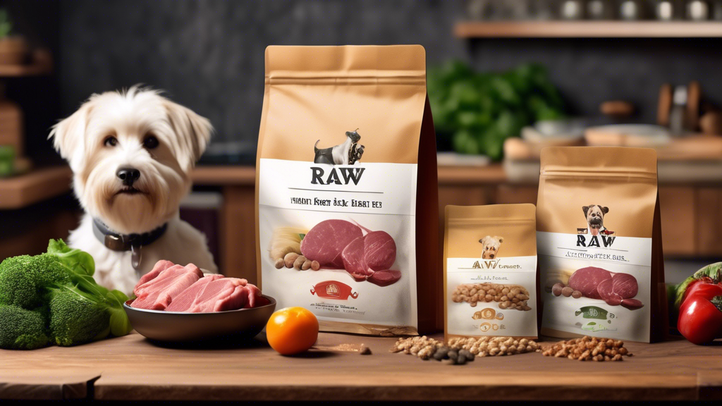 Create an image showing an assortment of high-quality raw dog food presented in elegant packaging. Include various types of raw meat, vegetables, and fruits that are commonly found in these diets, all
