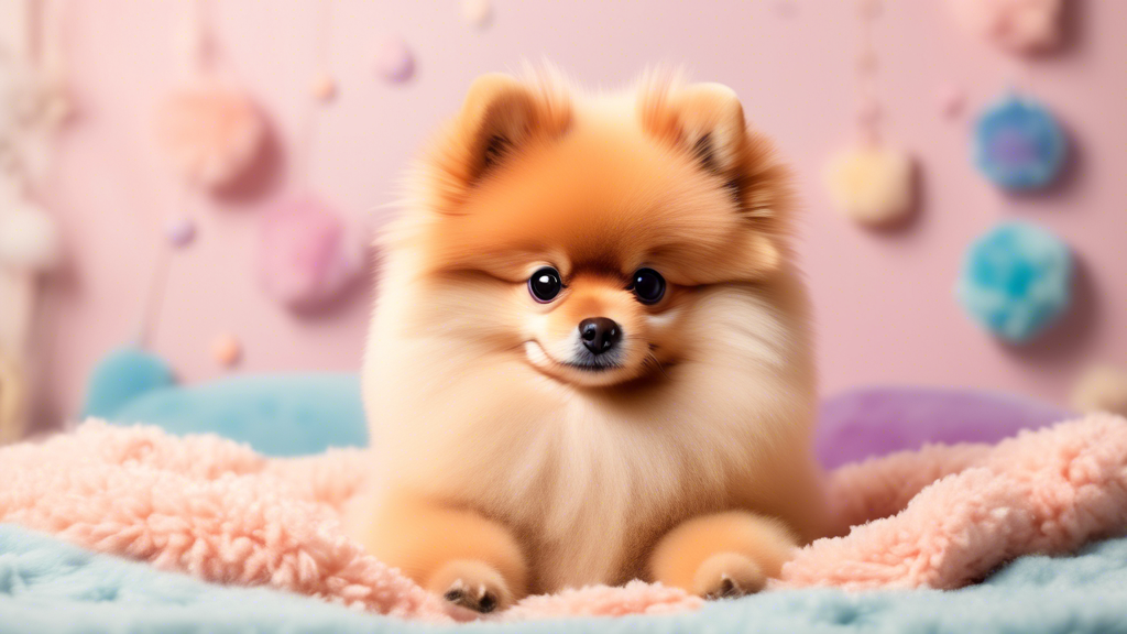 Create an image of an adorable, fluffy Pomeranian with a teddy bear-like appearance, sitting happily on a cozy blanket. The Pomeranian should have large, round eyes and a friendly smile. Surround the 