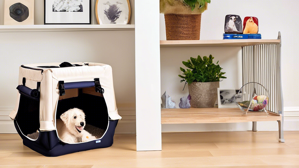 Create an image of a happy dog sitting comfortably in a modern, collapsible dog crate. The crate should be lightweight, stylish, and easy to fold, with a side handle for convenient carrying. Surroundi