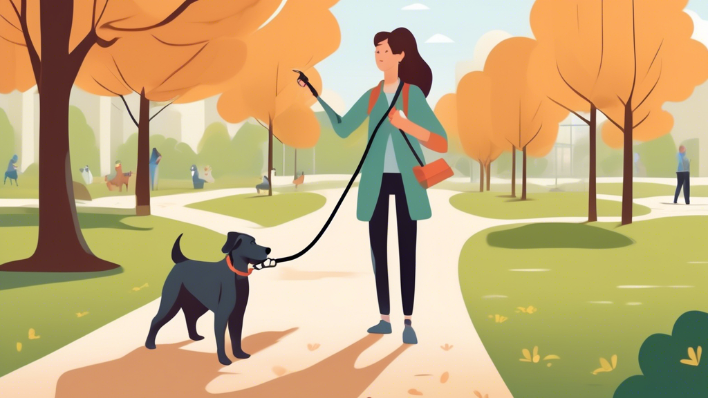 Create an image of a person using a Halti lead to train a dog in a park. The scene should show the person confidently guiding the dog with the Halti lead while the dog looks attentive and well-behaved