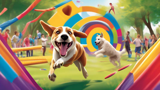 Create an image depicting an energetic outdoor scene in a vibrant park, showcasing various K9 sports activities. In one part of the scene, show a dog enthusiastically catching a flying disc in mid-air