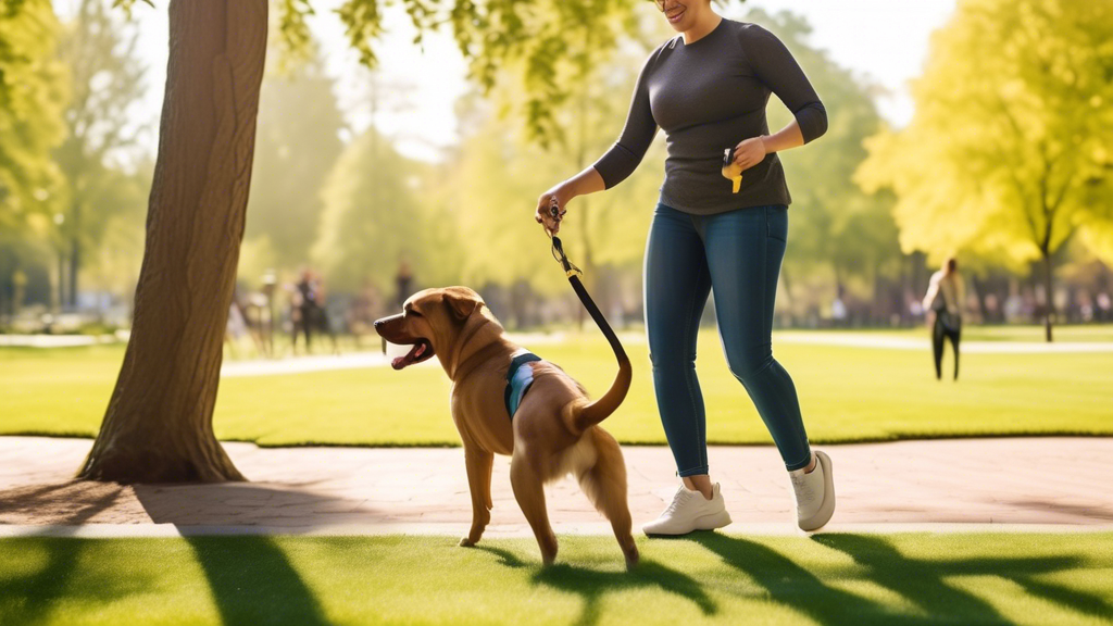 Create an image of a dog training session in a scenic park. The image should feature a dog trainer using a bright, durable Biothane long line to train a happy, energetic dog. Emphasize the flexibility