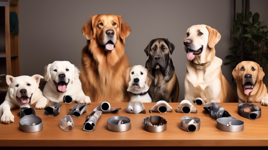 Create an image depicting a variety of muzzles designed for large dogs laid out on a table, with a large friendly dog sitting nearby. The background should be a warm and cozy living room with soft lig