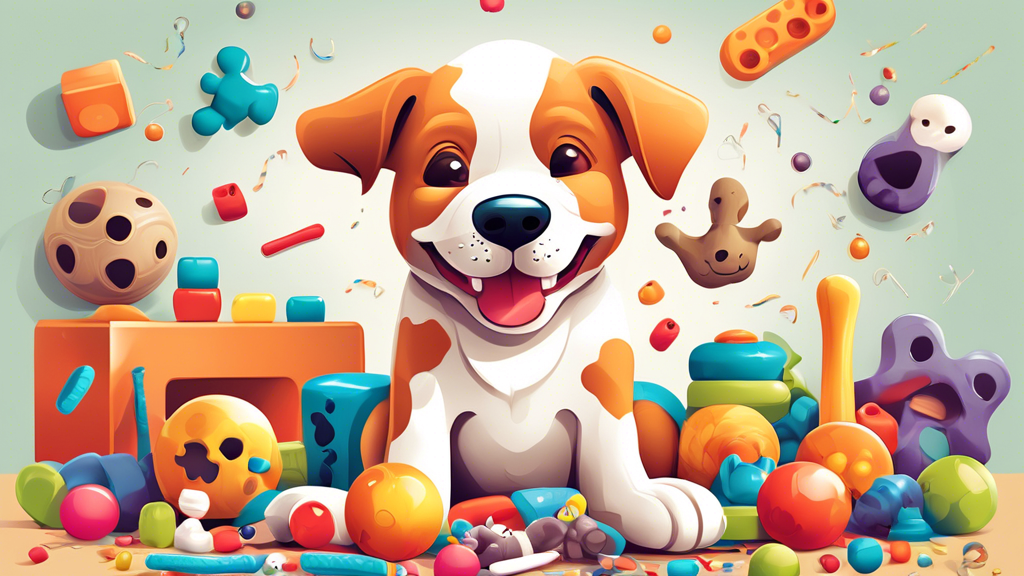 Illustration of a cheerful and lively puppy surrounded by a variety of colorful chew toys, including rubber bones, squeaky balls, plush animals, and dental chews, set in a cozy living room environment