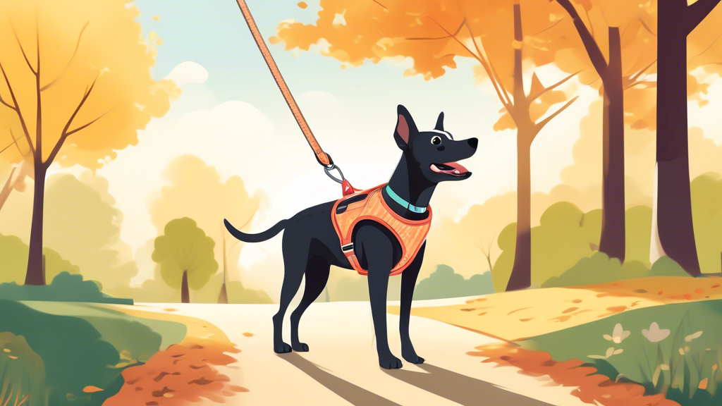 Illustration of a happy dog on a scenic walk, wearing a stylish and secure harness. The background features a sunny park with trees and a clear path. The focus is on the dog looking comfortable and co