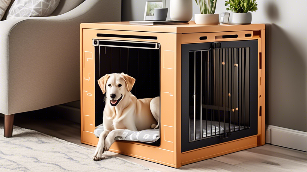 Create a detailed image of a modern, expandable dog crate in a cozy living room setting. Show the crate in its expanded form, occupied by a happy, content dog with plenty of space to move around. Incl