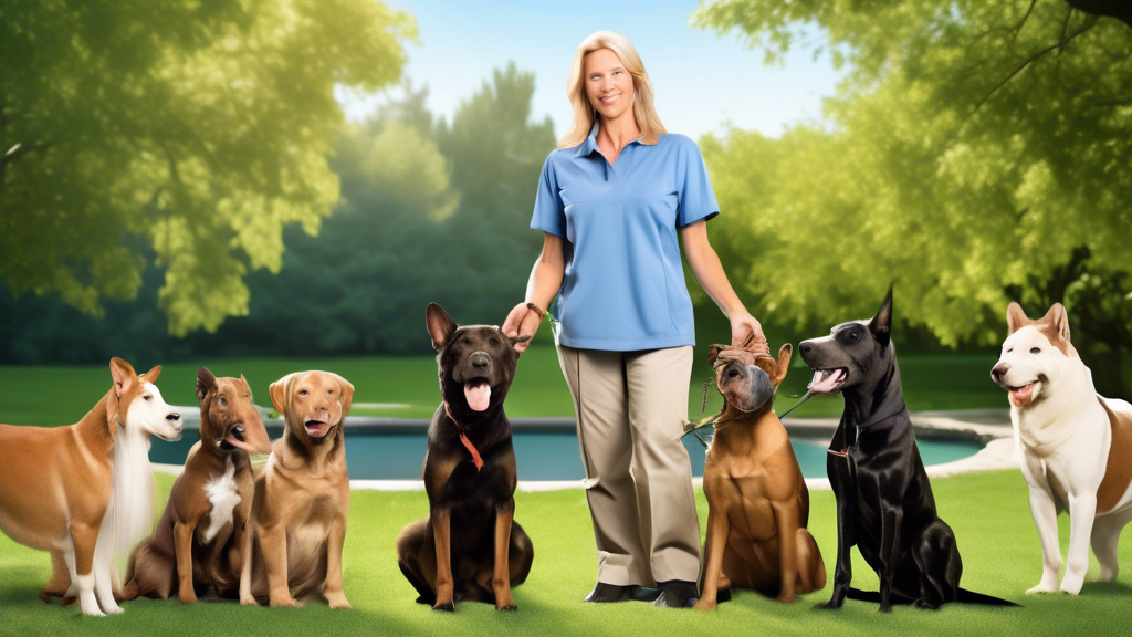 Create an image of an experienced animal trainer in a serene outdoor setting, surrounded by a variety of well-trained animals such as dogs, birds, and a horse. The trainer is using positive reinforcem