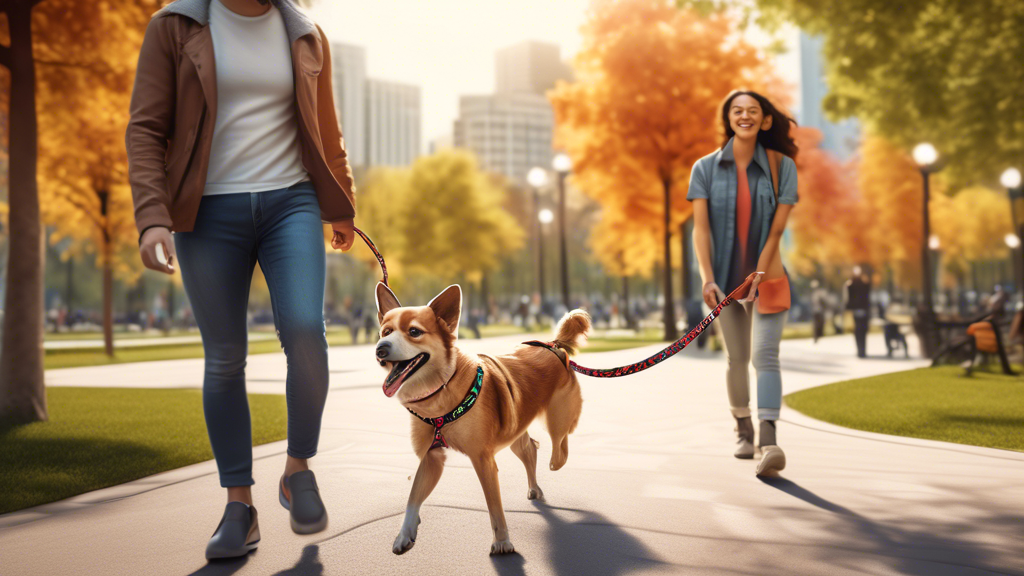 Photorealistic image of a happy dog owner walking their energetic dog in a vibrant city park. The dog is wearing a sleek, modern-looking Wild One Leash that stands out for its stylish and durable desi