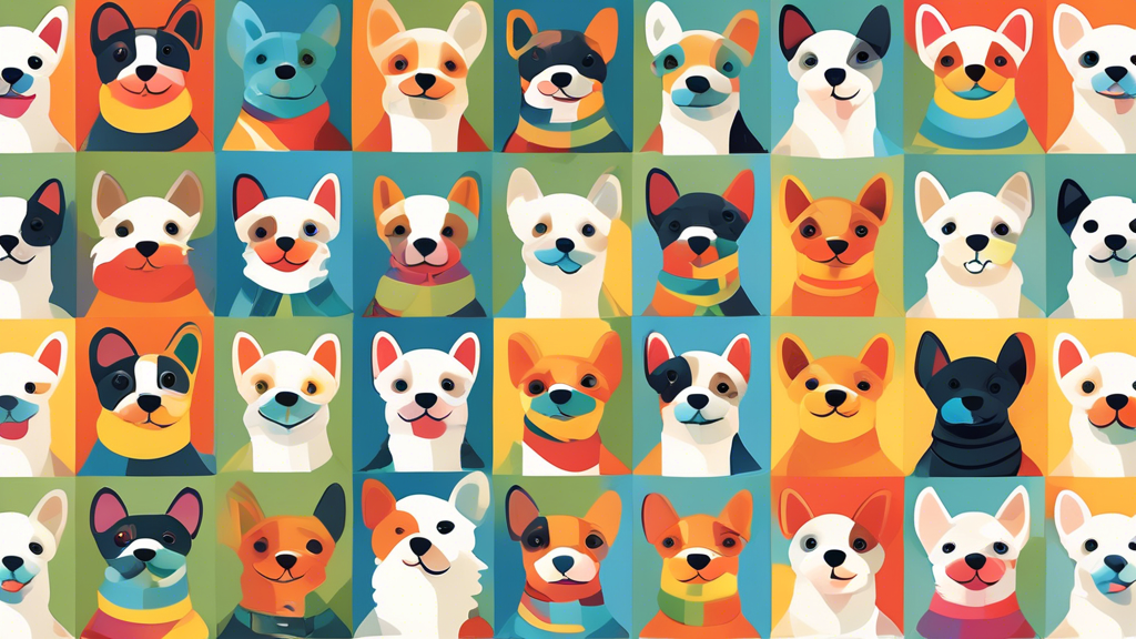 Create an image of a small, happy dog with various types of colorful and well-designed muzzles displayed around the scene, showcasing different styles and materials. The background should be a cozy pe