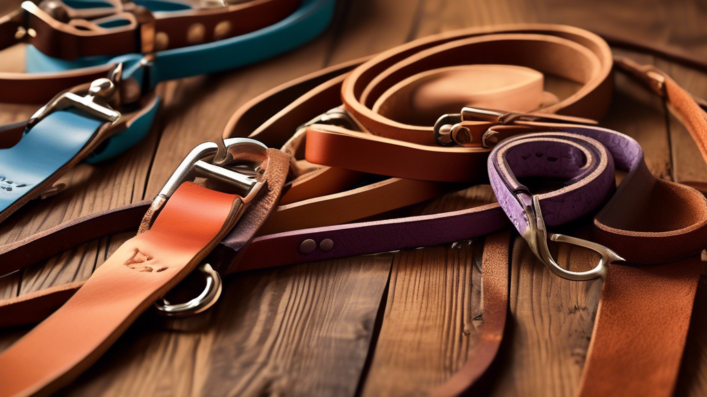 A detailed, high-quality image of different types of leather leashes displayed on a wooden table, with various textures, colors, and designs. The background includes a cozy living room with a joyful d