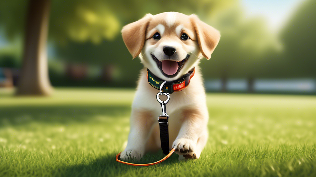 Create an image of a cheerful puppy in a grassy park, wearing an AKC-branded collar and lead. The puppy is responding eagerly to a call from its owner, who is kneeling a short distance away with treat