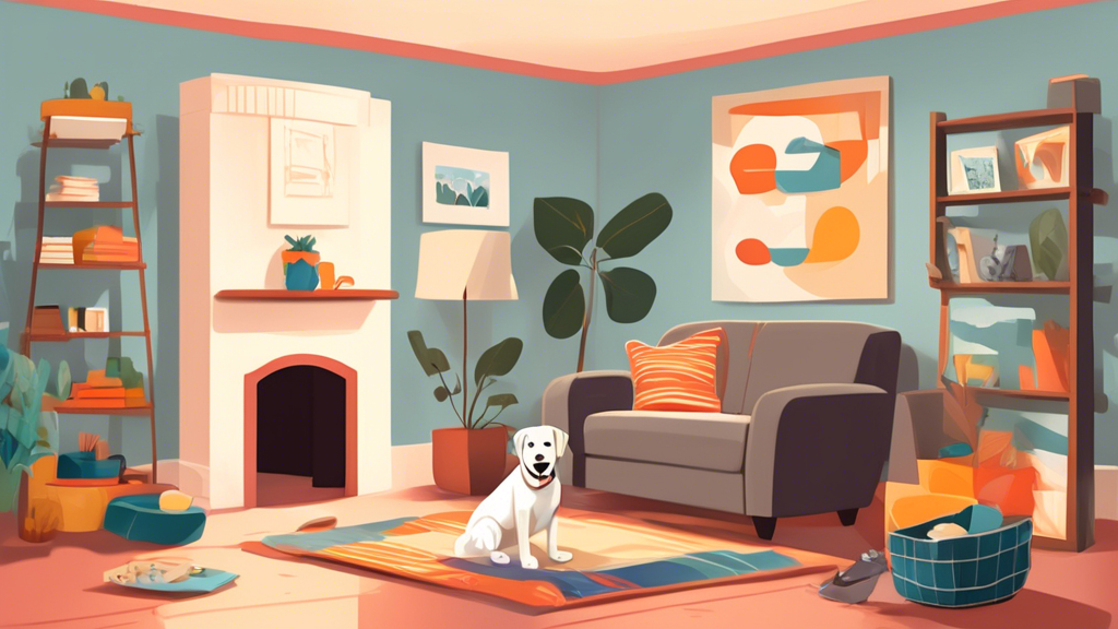 Illustration of a cozy living room with a comfortable dog crate setup, featuring a happy rescue dog inside. The crate should be filled with soft blankets, toys, and treats, with an open door to signif