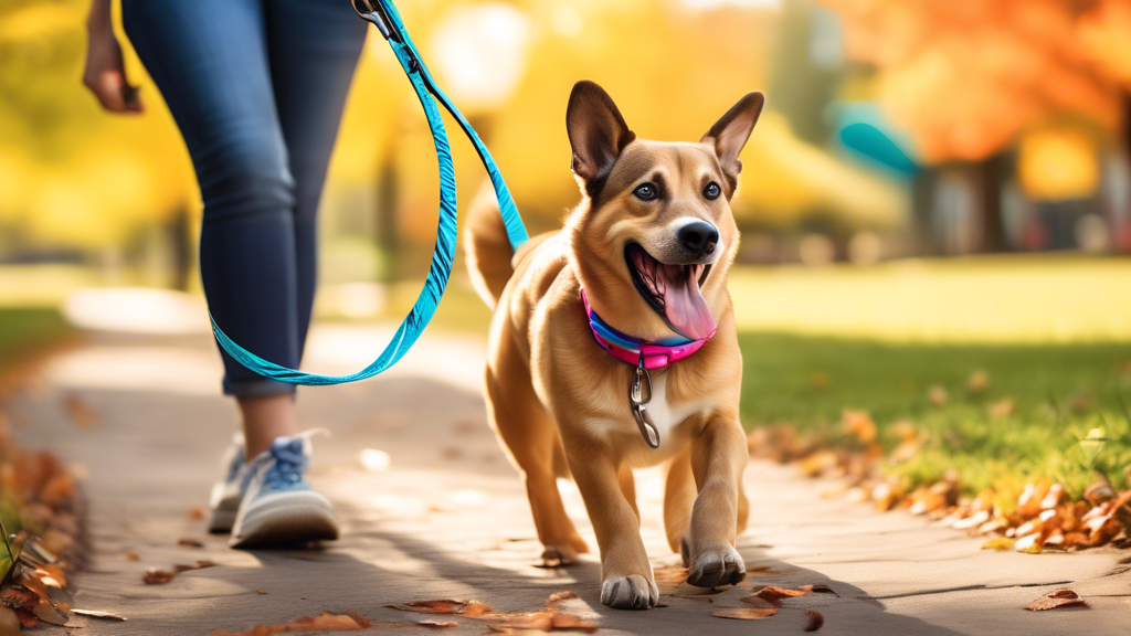 Create an image of a happy dog walking in a park with a colorful, durable chewy dog leash. The leash should be made from a safe, flexible material that dogs can comfortably chew on. Include elements t