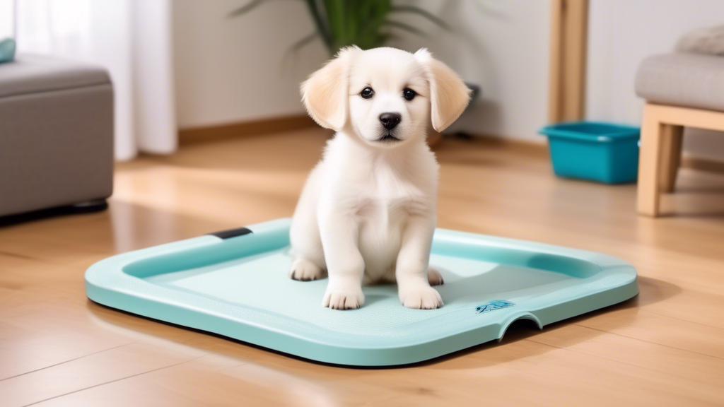 Create an image showing a well-lit, modern living room where an adorable puppy is successfully using an indoor dog potty training pad. The puppy looks happy and confident, with a wagging tail. The roo