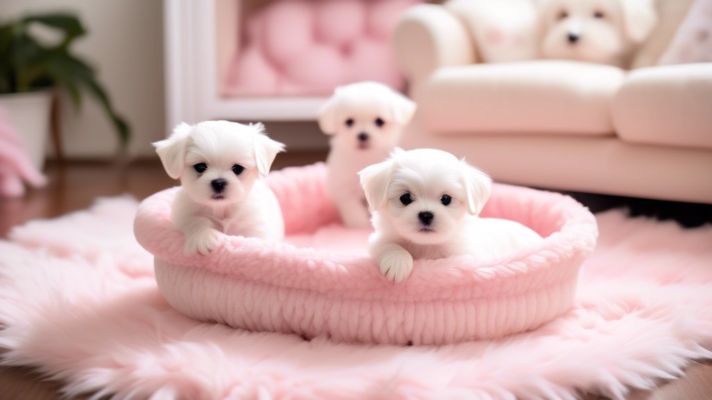 Prompt: An image featuring a group of adorable teacup Maltese puppies playing together in a cozy, well-decorated living room. The puppies are small and fluffy, with pure white fur, expressive dark eye