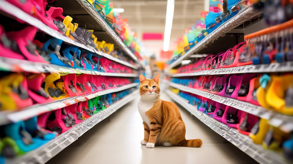 Create an image of a cheerful pet owner browsing a brightly lit PetSmart store aisle lined with various colorful and stylish cat harnesses. Display different types and sizes of harnesses hanging neatl