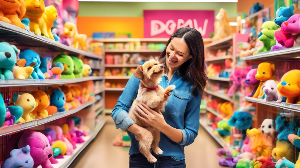 Create an image of a brightly lit, cheerful pet store aisle filled with an array of colorful and engaging dog toys. The scene should feature a variety of Top Paw branded toys, including squeaky toys, 