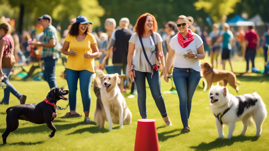 A cheerful suburban park on a sunny day, filled with enthusiastic people and a diverse group of dogs of various breeds and sizes. There are several organized activities: agility courses, obedience tra