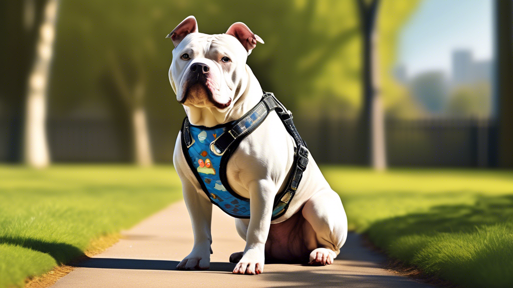 An American Bully dog in a well-fitted, stylish harness, standing confidently on a grassy park path with a beautiful, sunny day in the background. The harness should look comfortable and secure, with 