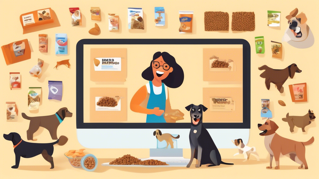 Create an image that showcases a happy person at a computer, surrounded by playful, satisfied dogs, shopping for dog food online. The computer screen should show various premium dog food brands and op