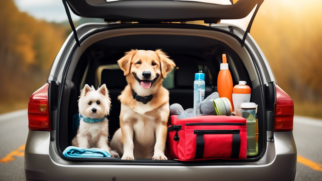Create an image of a cheerful dog sitting in the backseat of a car surrounded by essential travel accessories such as a pet travel carrier, portable water and food bowls, a cozy blanket, a leash, a tr