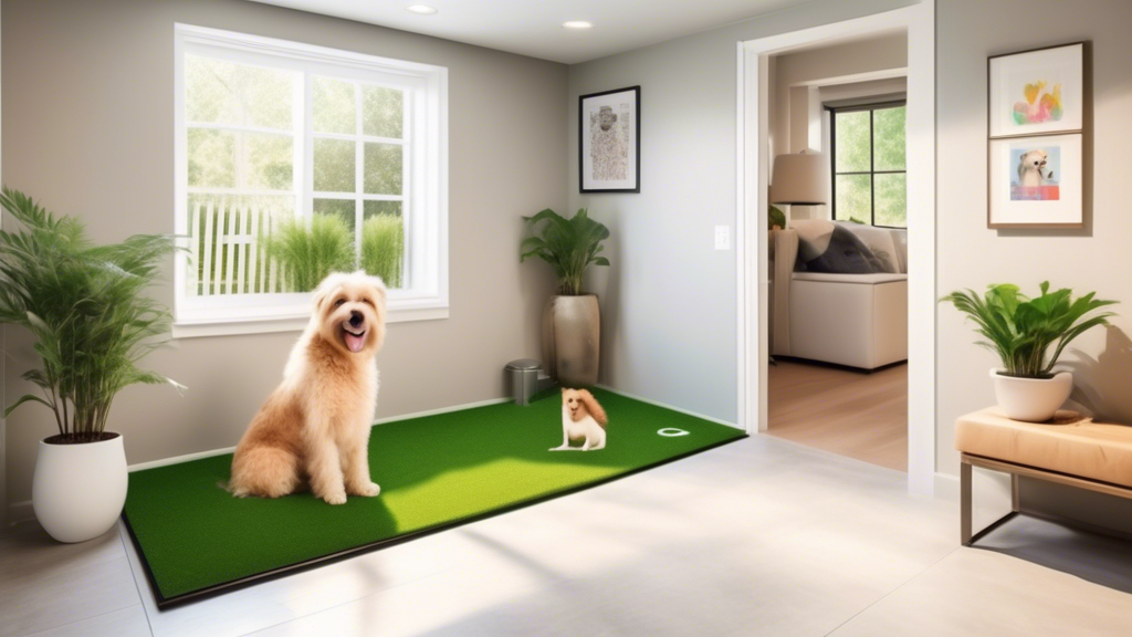 A well-designed indoor doggy toilet area featuring artificial grass, a small picket fence, potted plants, and a cheerful dog using the space comfortably. The setting is clean, modern, and practical, w