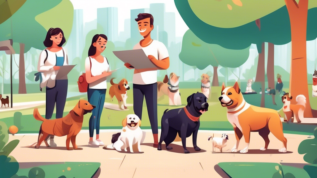 A detailed illustration of a friendly dog training session in a modern park setting. The scene includes a professional dog trainer working with a variety of dogs of different breeds, sizes, and ages. 