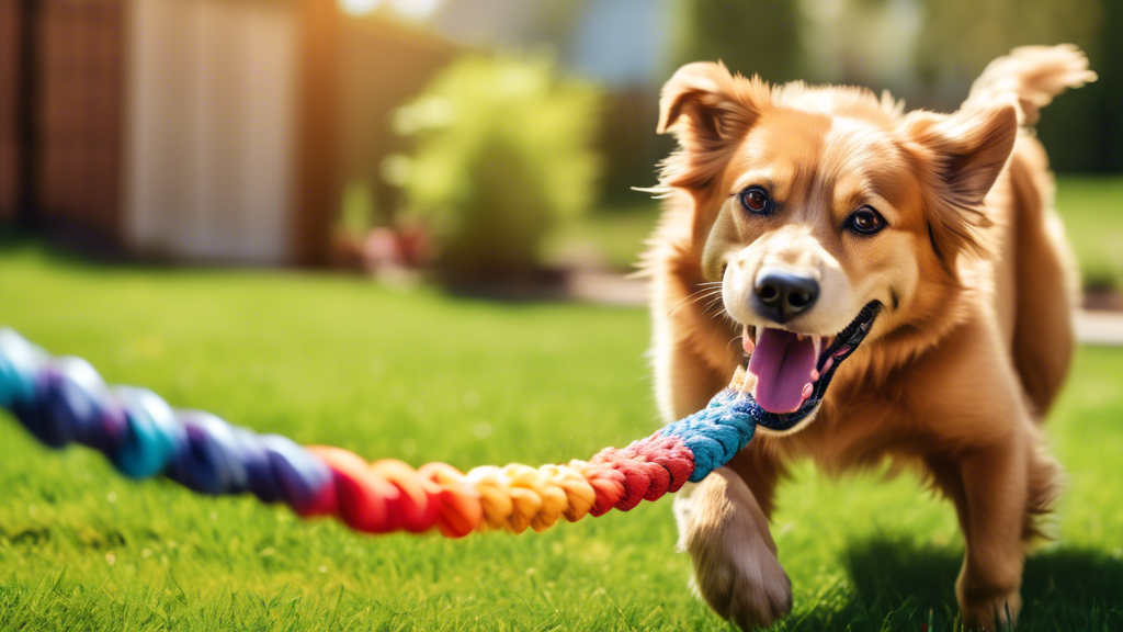 Generate an image of a happy dog playing tug-of-war with its owner using a colorful, durable tug toy in a backyard. The scene should show a variety of tug toys scattered around, each with different te