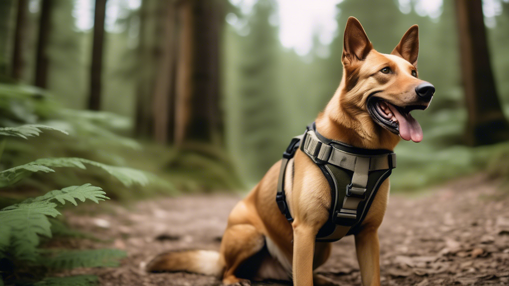 A detailed image of a happy dog wearing an IceFang Tactical Dog Harness in a natural outdoor setting. The dog looks comfortable and ready for adventure. The harness should be clearly visible, showcasi