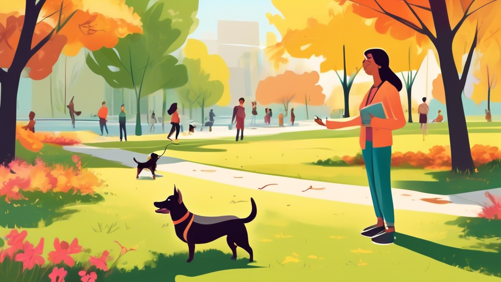 A serene park setting with a confident dog owner demonstrating off-leash training with their obedient and happy dog. The dog is performing commands like 'sit' and 'stay' while ignoring distractions li