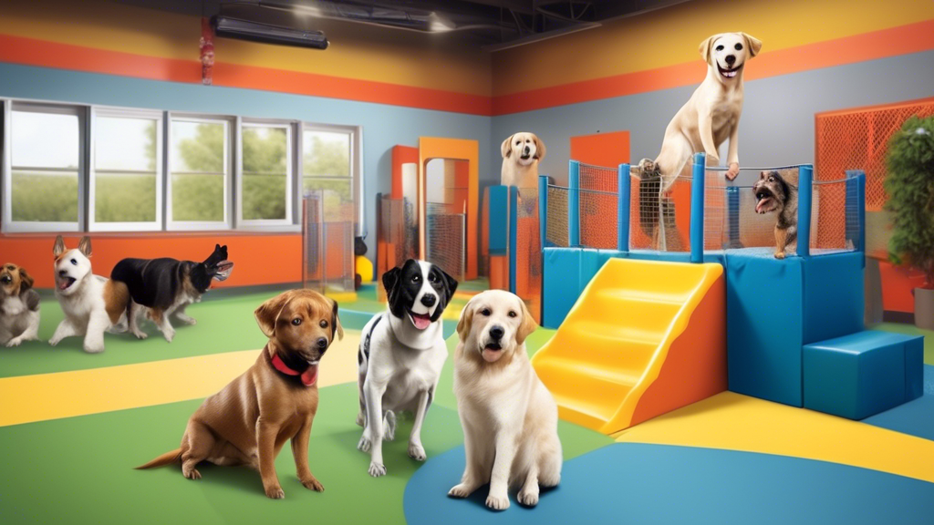 Create an image of a state-of-the-art dog training academy named 'Starmark Academy,' showcasing a modern indoor training facility filled with playful and focused dogs of various breeds learning comman